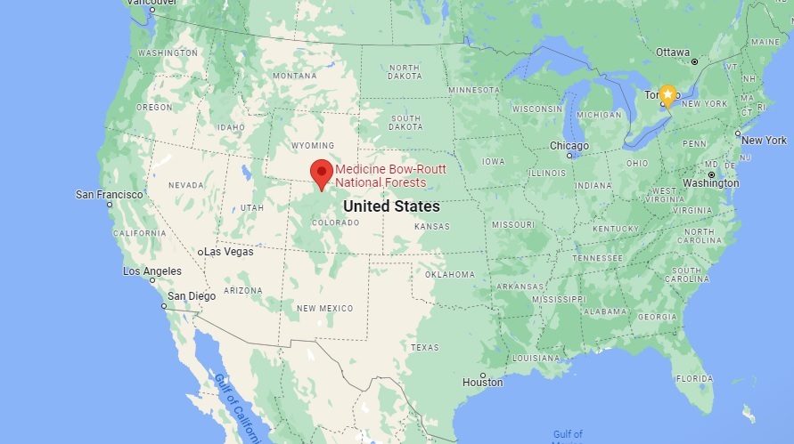 Google Maps image pointing to the location of Medicine Bow-Routt National Forests in USA.