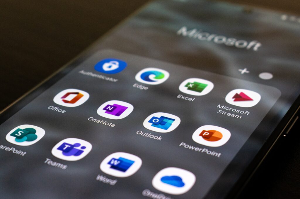 A smartphone menu with icons for Microsoft Office 365 applications. Taken by Ed Hardie.